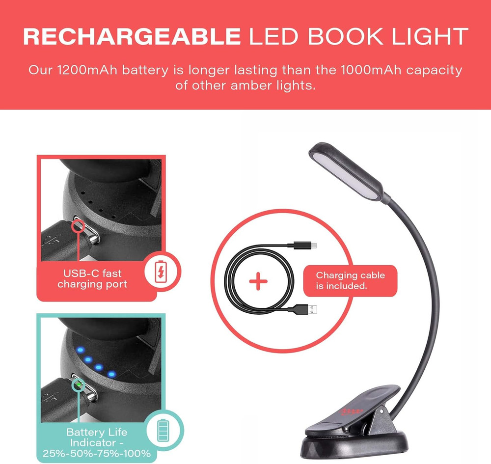 Amber Book Light – Blue Light Blocking Reading Light for Bed, Stepless Dimming,