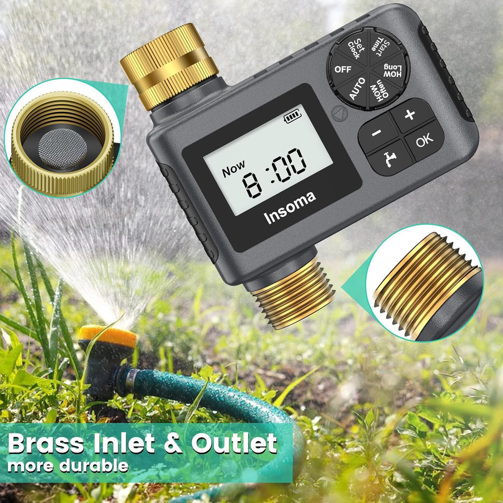Sprinkler Timer with Brass Inlet and Outlet, Programmable Water Timer for Outdoo