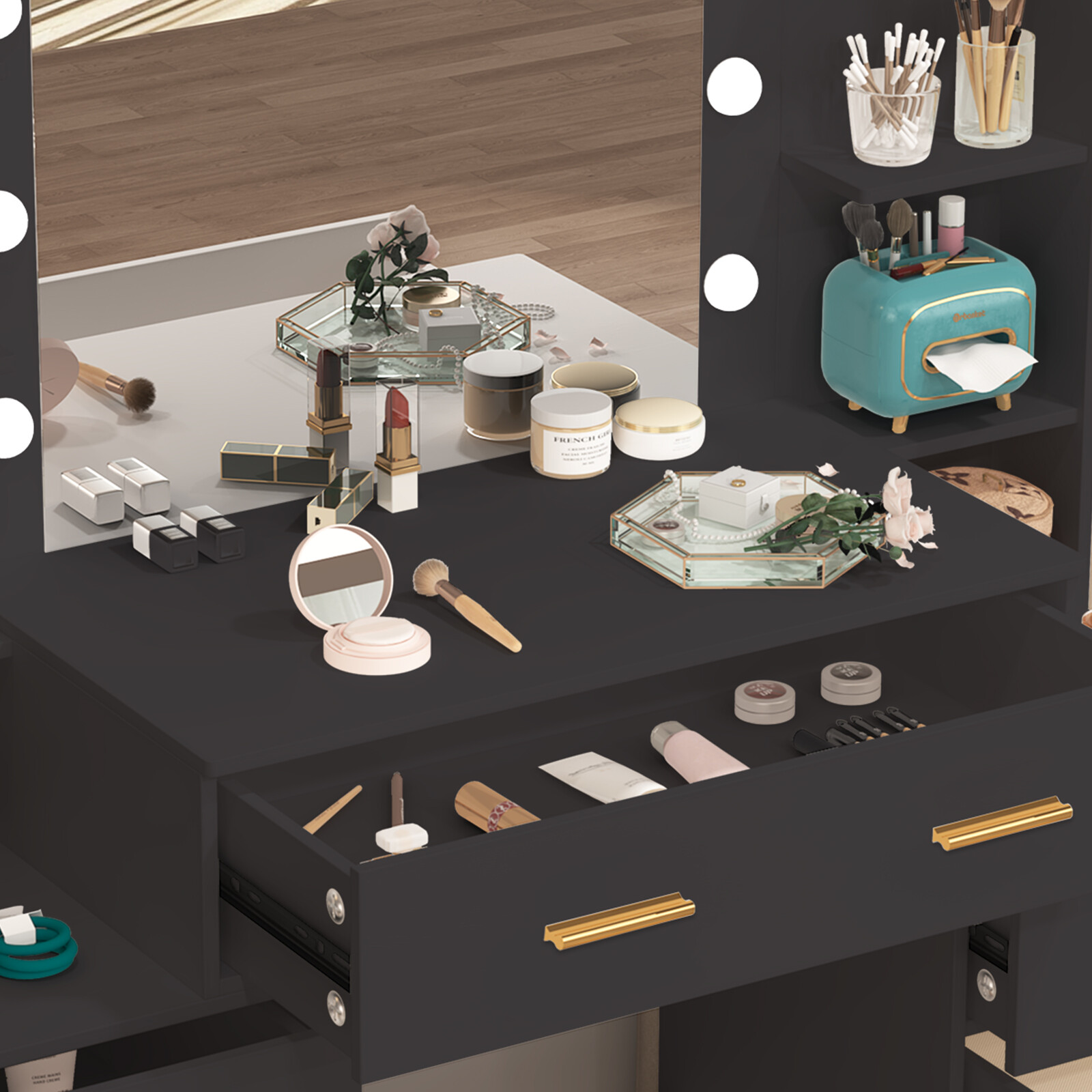 Vanity with Large Mirror and LED Lights Makeup Vanity Desk with 7 Drawers,Black