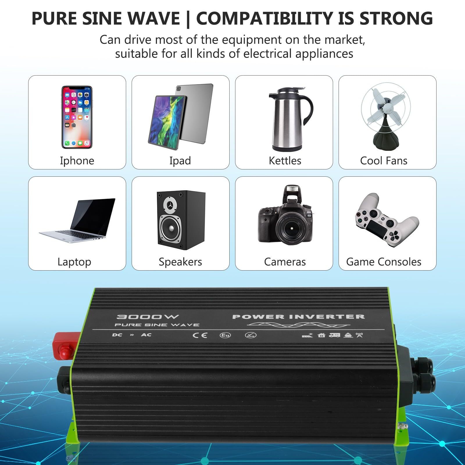 Pure Sine Wave Inverter 3000W 12V DC to 120V AC Converter for RV Camper