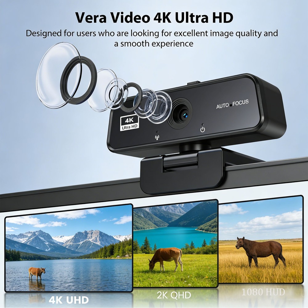 4K Webcam with Microphone for PC USB Web Camera Auto Focus,Noise Cancell,Plug &