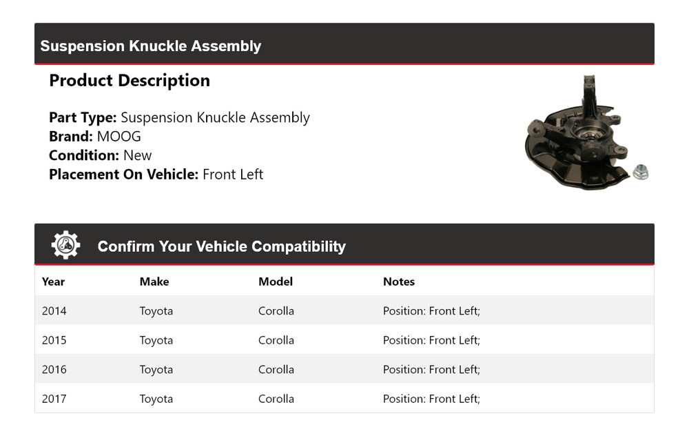 For 2014-2017 Toyota Corolla Suspension Knuckle Assembly Front Left MOOG 2014