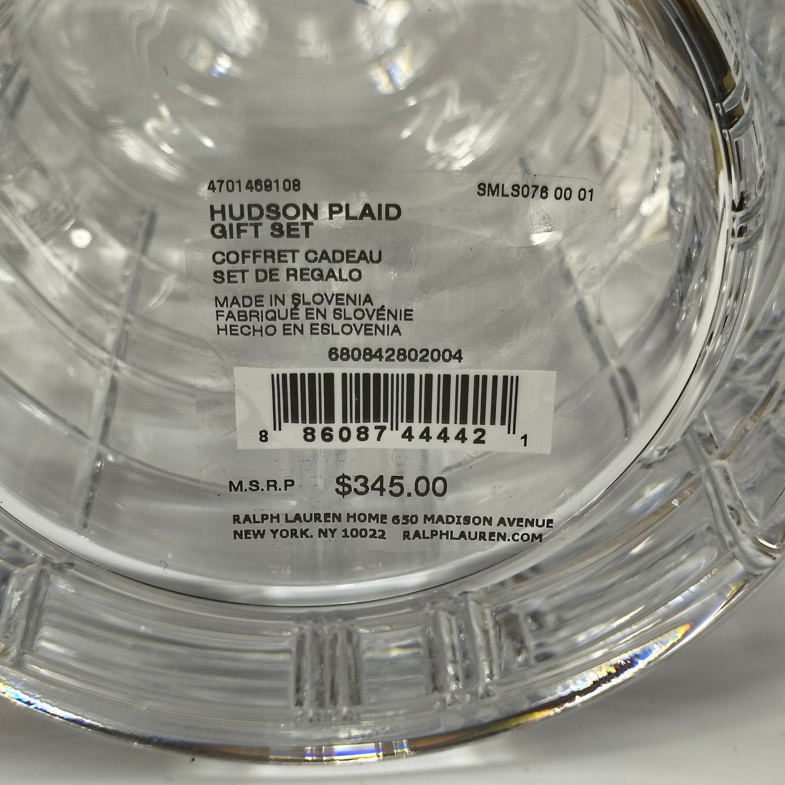 Ralph Lauren Hudson Plaid Crystal Decanter and 2 Glasses Gift Set