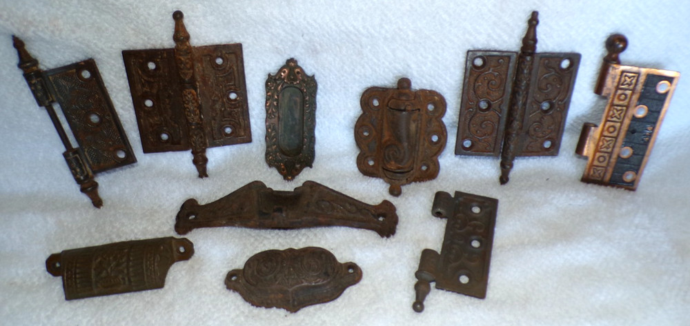 Ant. Vtg. Salvaged Door Hinge Drawer Pull Misc. Hardware Lot + 1 Russell & Erwin