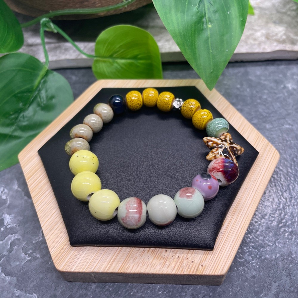 Handmade Ceramic Bead Beaded Stackable 6.5” Plus Stretch Bracelet New B531