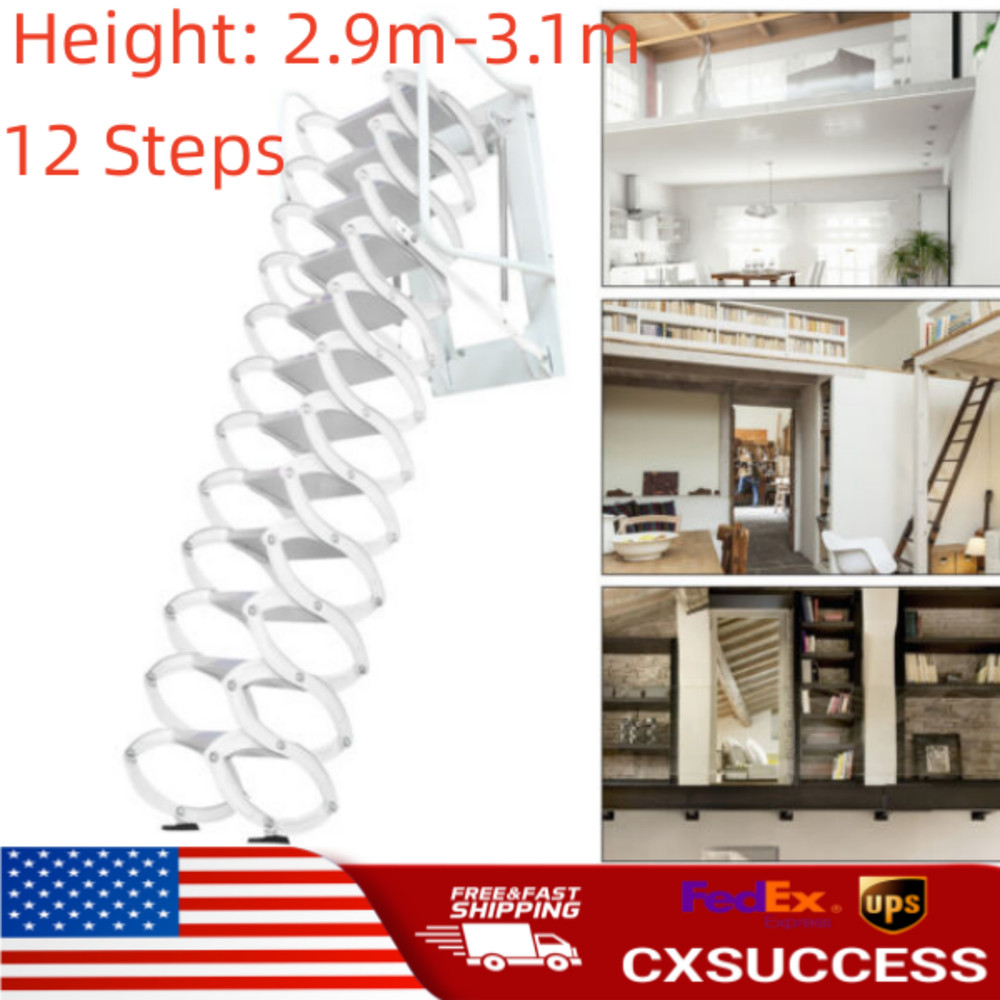 12 Steps Folding Frame Ladder Loft Telescopic Stair Pull Down Attic Ladder