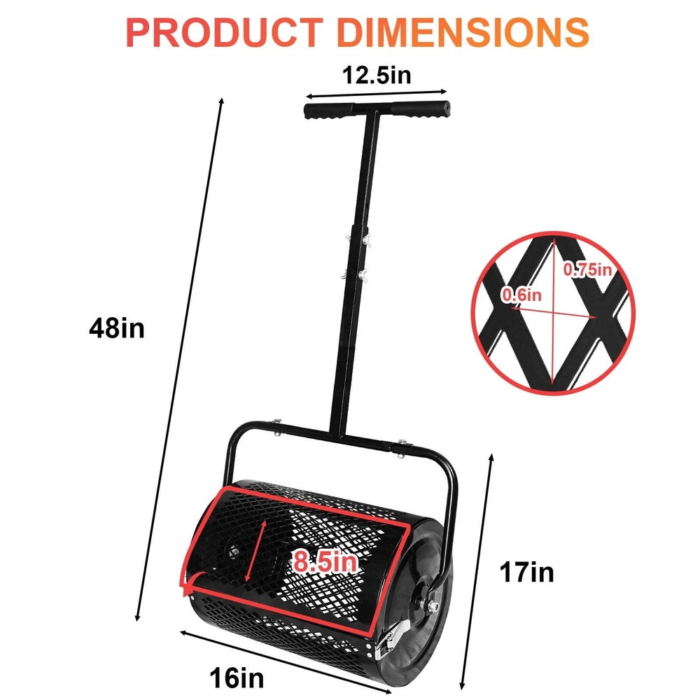 16" Lawn Compost Spreader Peat Moss Roller, Roller Spreader Adjustable Handle