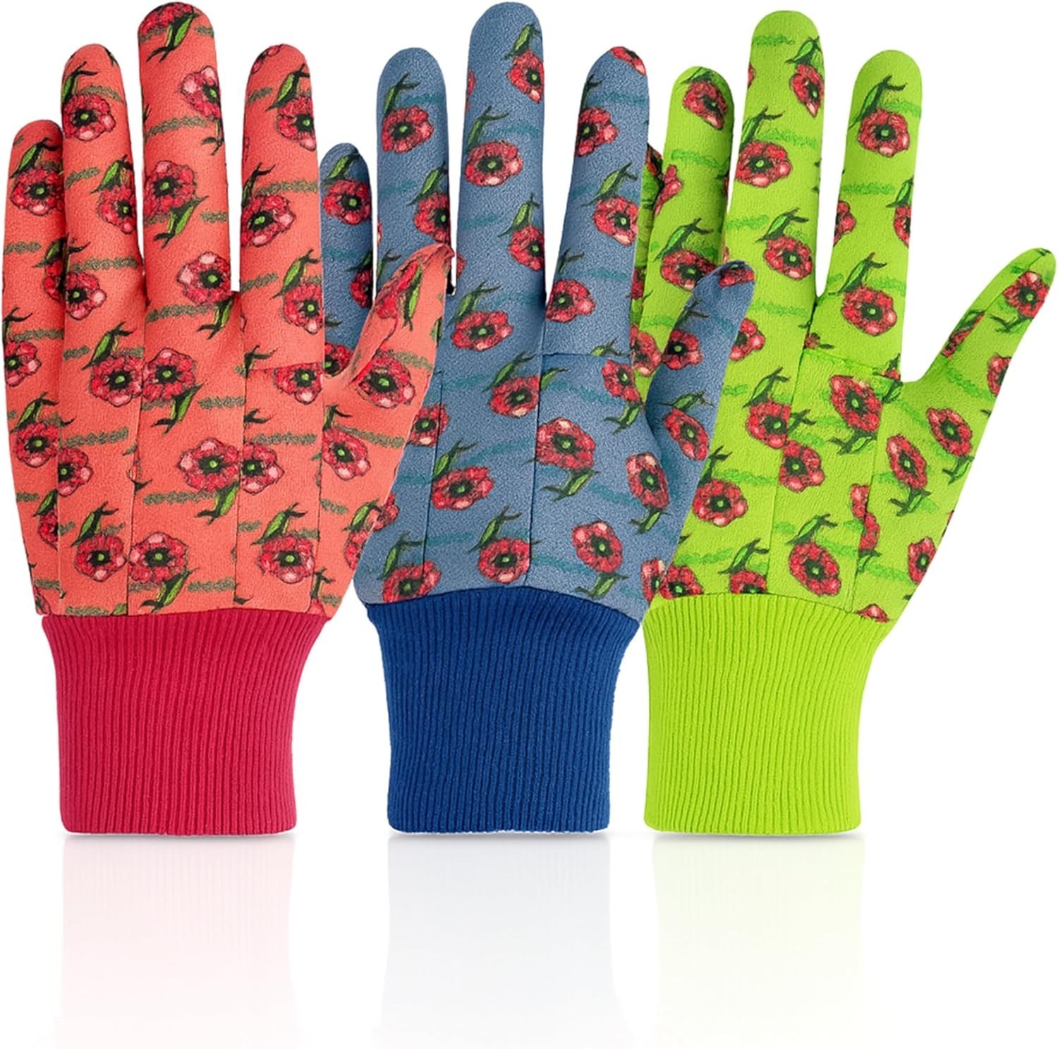 G & F 1823-3 JustForKids Soft Jersey Kids Garden Gloves, 3 Pairs Green/Red/Blue
