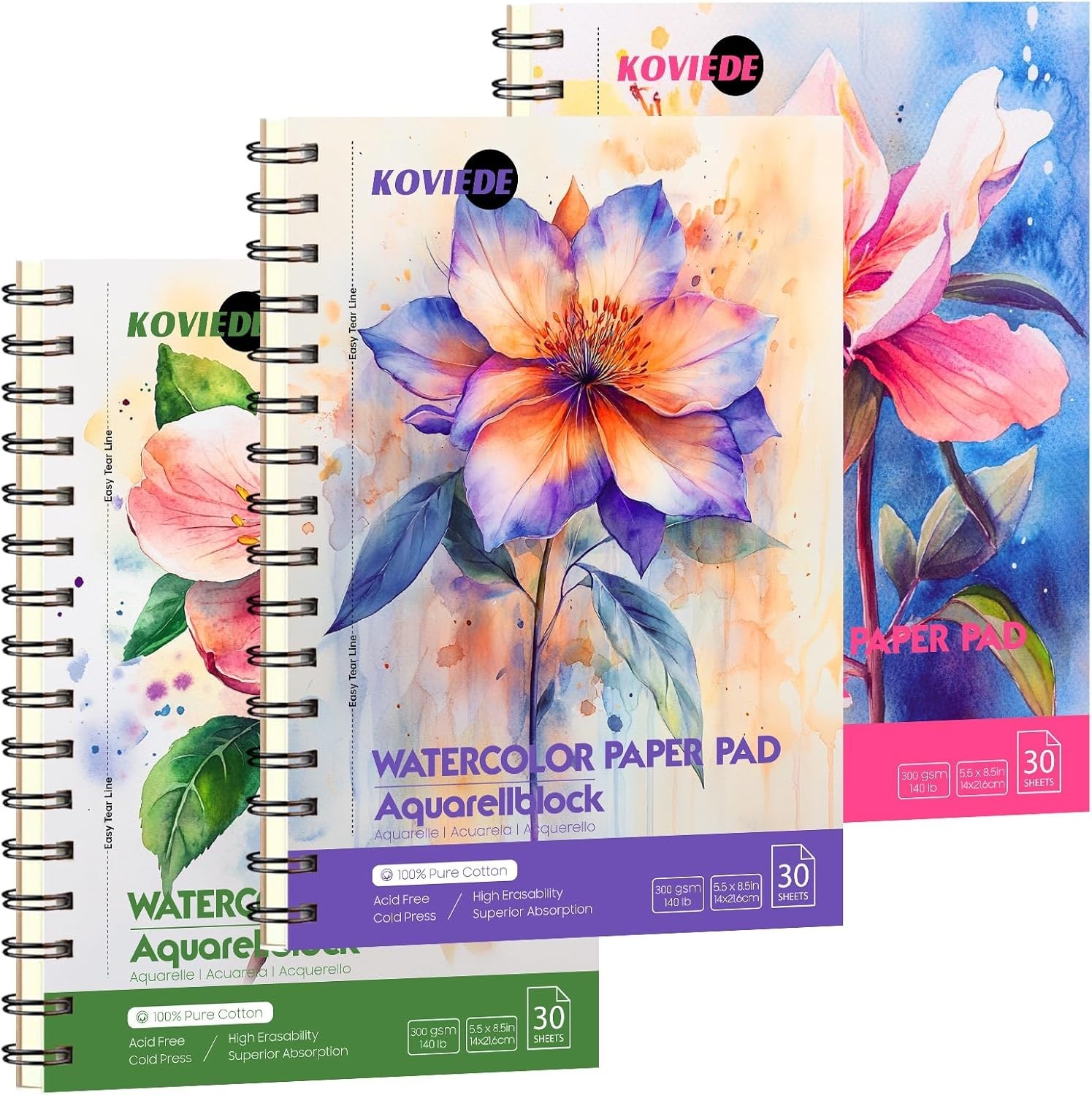 100% Cotton Watercolor Paper Pad - 3 Pack (90 Sheets) 5.5"x8.5" Cold Press, 1...