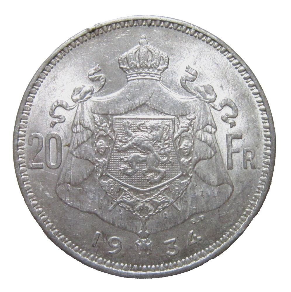 BELGIUM. SILVER 20 FRANCS, 1934.