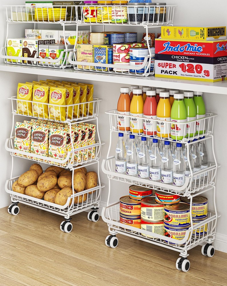 3-Tier Rolling Pantry Floor Organizer and Storage Cart with Wheels, Stackable...