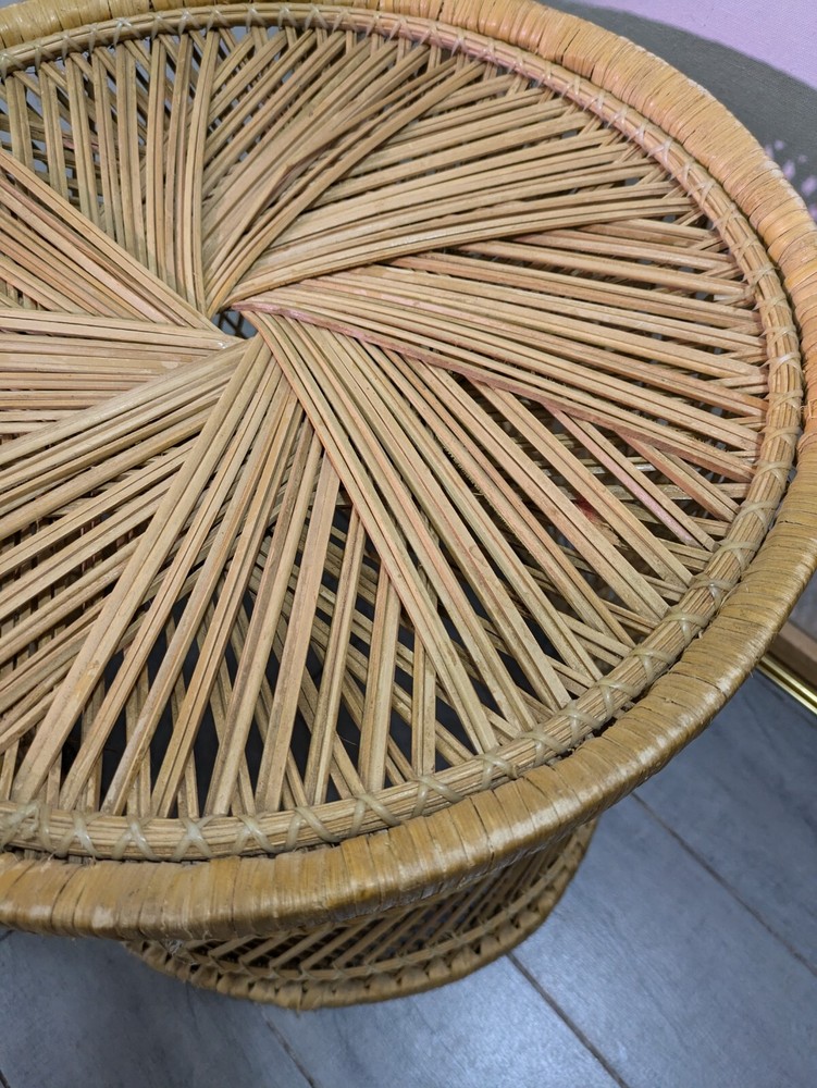 Vintage Boho Chic Round Wicker Rattan Table Plant Stand Stool