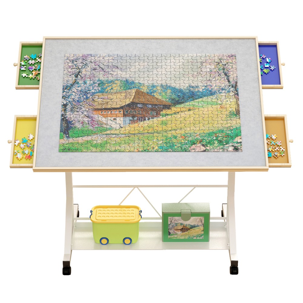 White 1500 Piece Puzzle Table Adjustable Tilting with Drawers & Wheels
