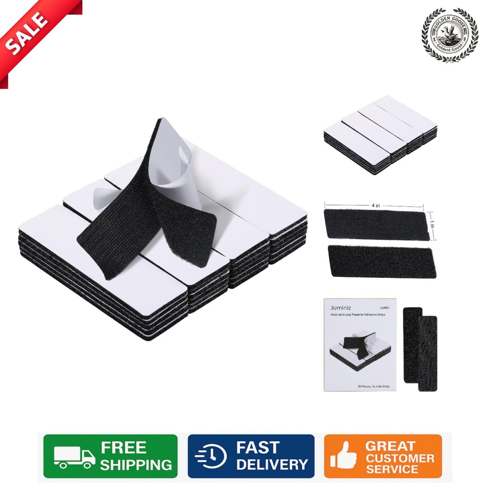 Black Nylon Adhesive Hook and Loop Strips - 20 Sets for Crafting & Home Projects
