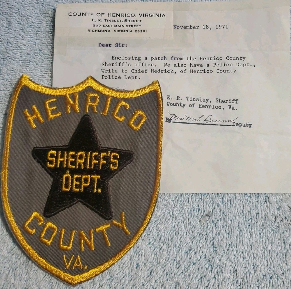 Vtg Obsolete Henrico Co VA Sheriffs Patch With Note