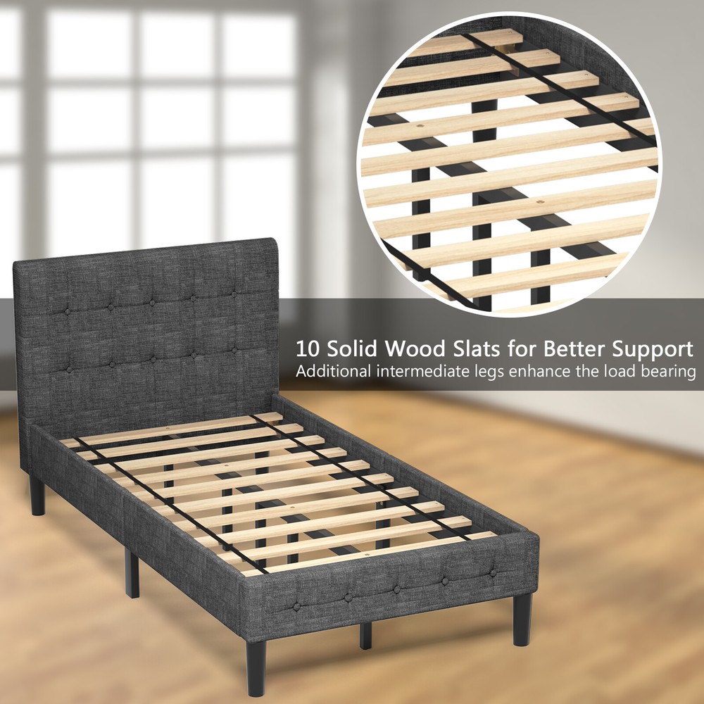 Costway Twin Upholstered Bed Frame Button Tufted Headboard Mattress Foundation