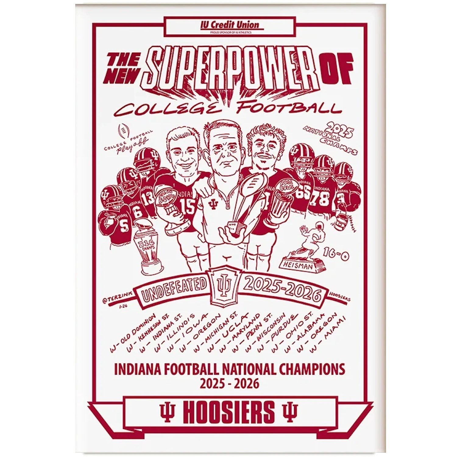 Indiana Hoosiers National Champions 2025 2026 Illustrated Team Poster