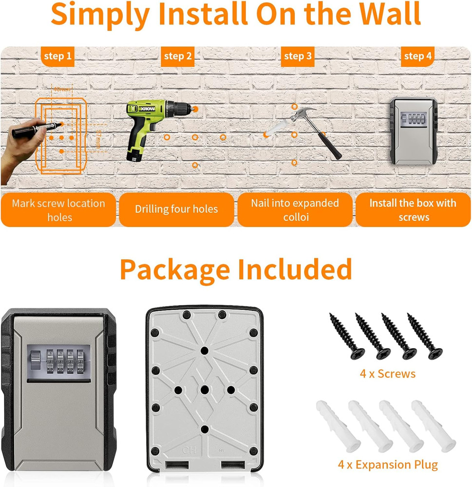 UPGRADE Extra Large Capacity Key Lock Box, Weatherproof Wall Mount Key Box fo...