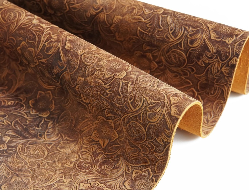 Genuine Leather Sheets Plain Geometric Pattern Printed, Bourbon Brown, 12"x24"