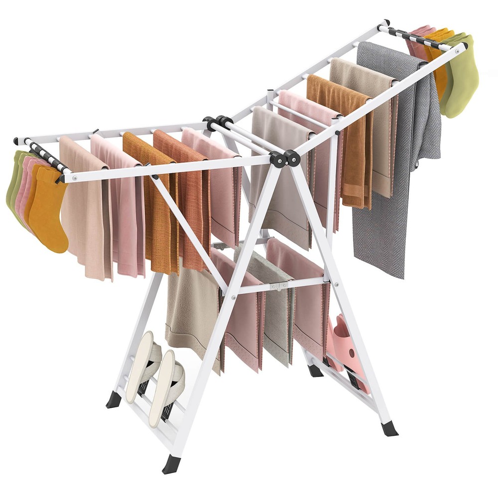Foldable Metal Laundry Drying Rack w/Height Adjustable Wings, 16 Drying Rails