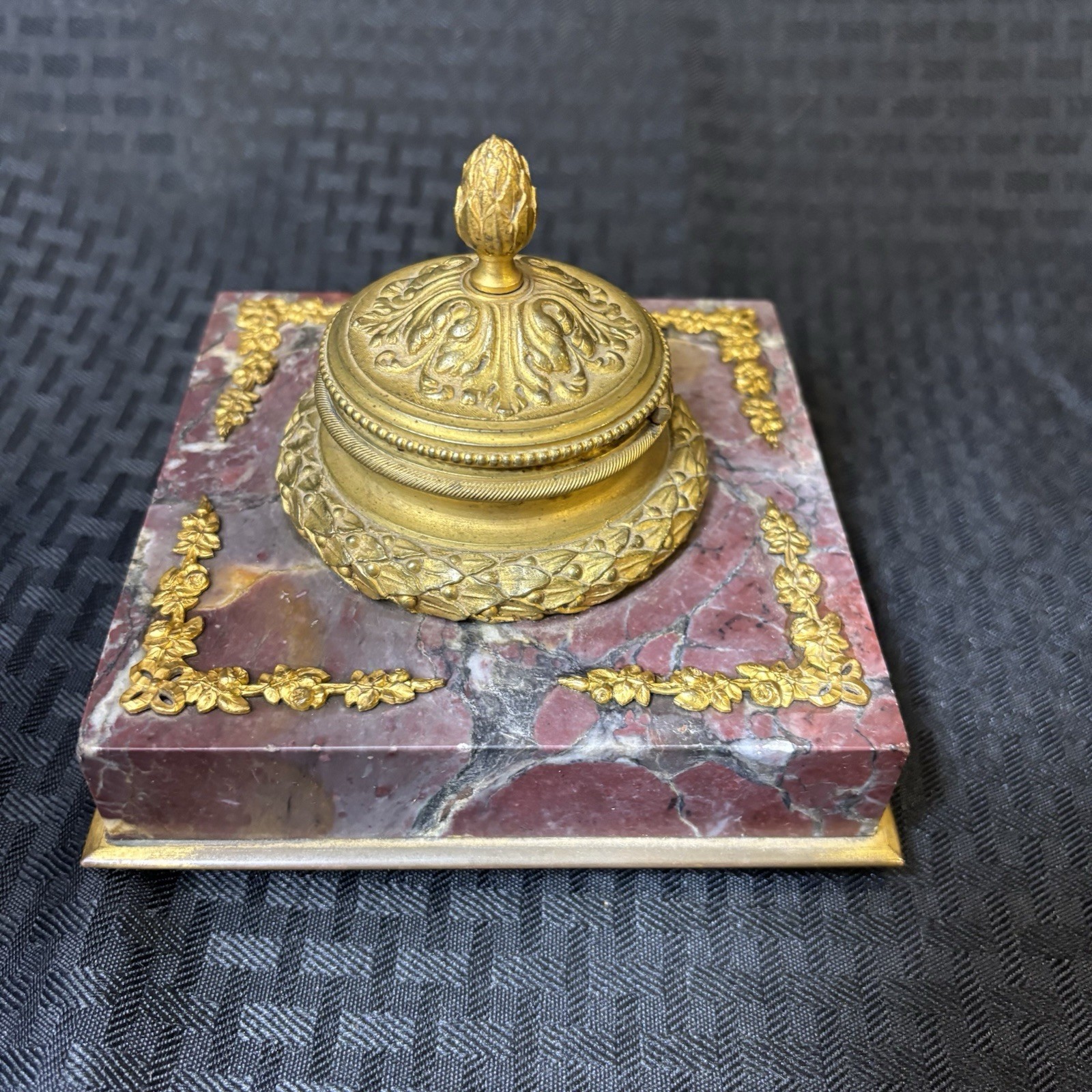 Antique French Rouge Marble Gilt Bronze Inkwell Empire Style