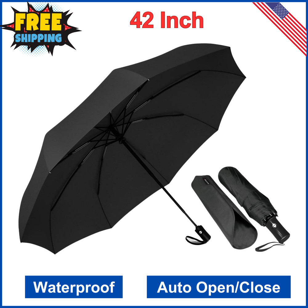 Compact Windproof Travel Umbrella - Auto Open/Close Black Small Folding Umbrella