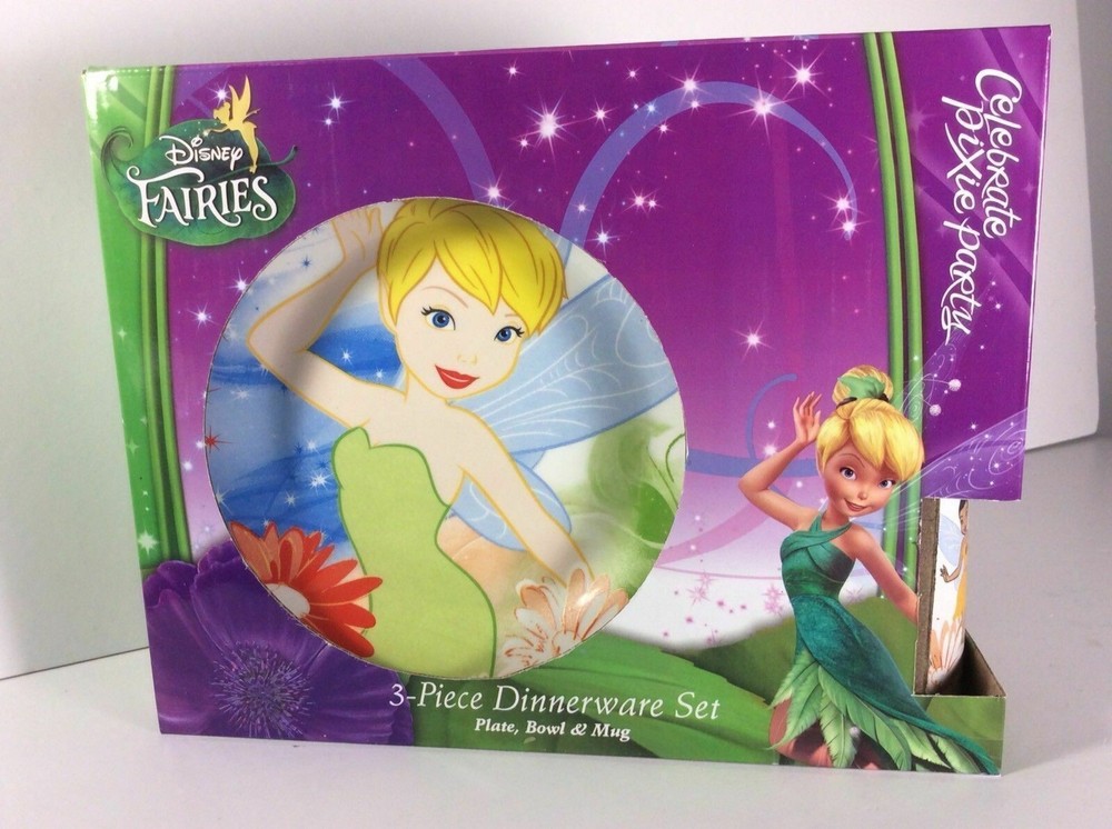 Disney Pixie Fairies Tinkerbell Ceramic 3 Piece Dinnerware Set- New - Free Ship