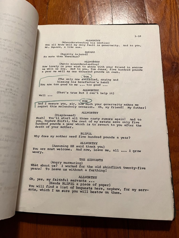 Rare Original 1960's Theatre Script "Tom Jones" lead actor's script