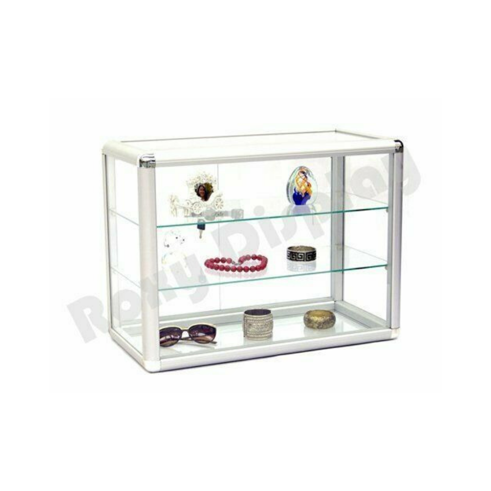 Aluminum Framed Tempered Glass Counter Top Display Case with Shelves and Lock