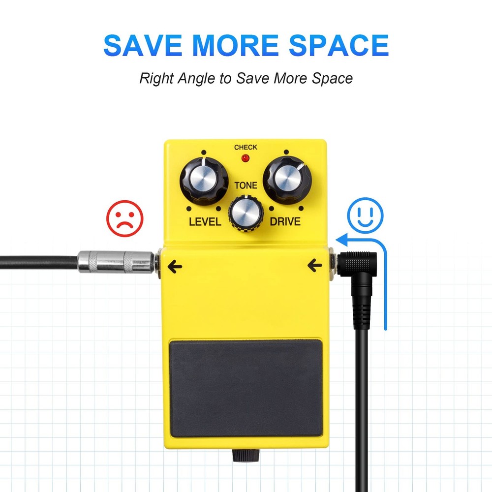 6 Pack 6 Guitar Patch Cables - Noise-Free Right Angle Pedal Board Cables