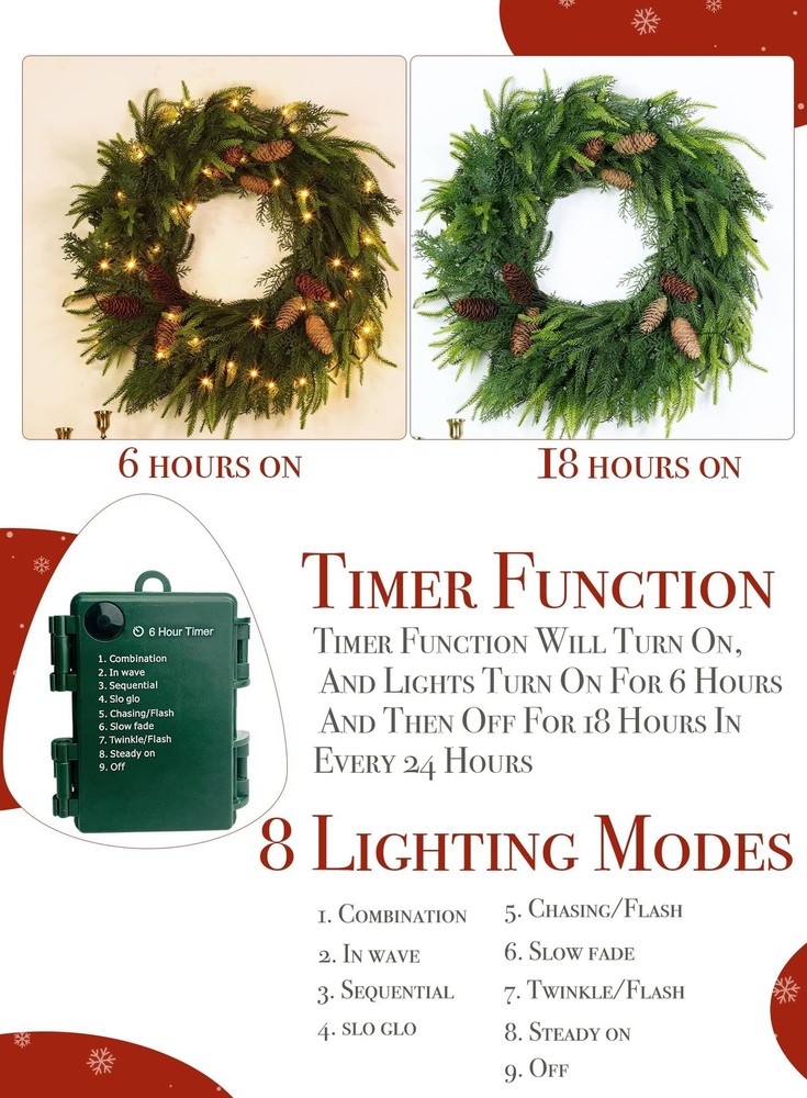 24 Inch Large Christmas Wreath with 50 LEDs Lights Timer 8 Modes, Thick & Sof...