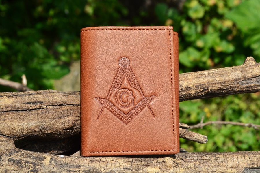 Masonic Tan Leather Tri-Fold Wallet - RFID Protected - Square and Compasses