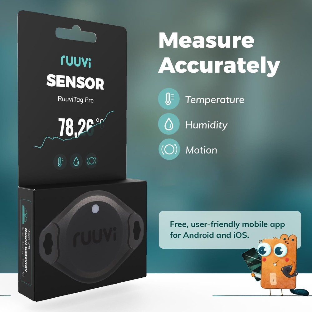 RuuviTag Pro Bluetooth Temp Humidity Pressure Sensor, EU Made, App Alerts