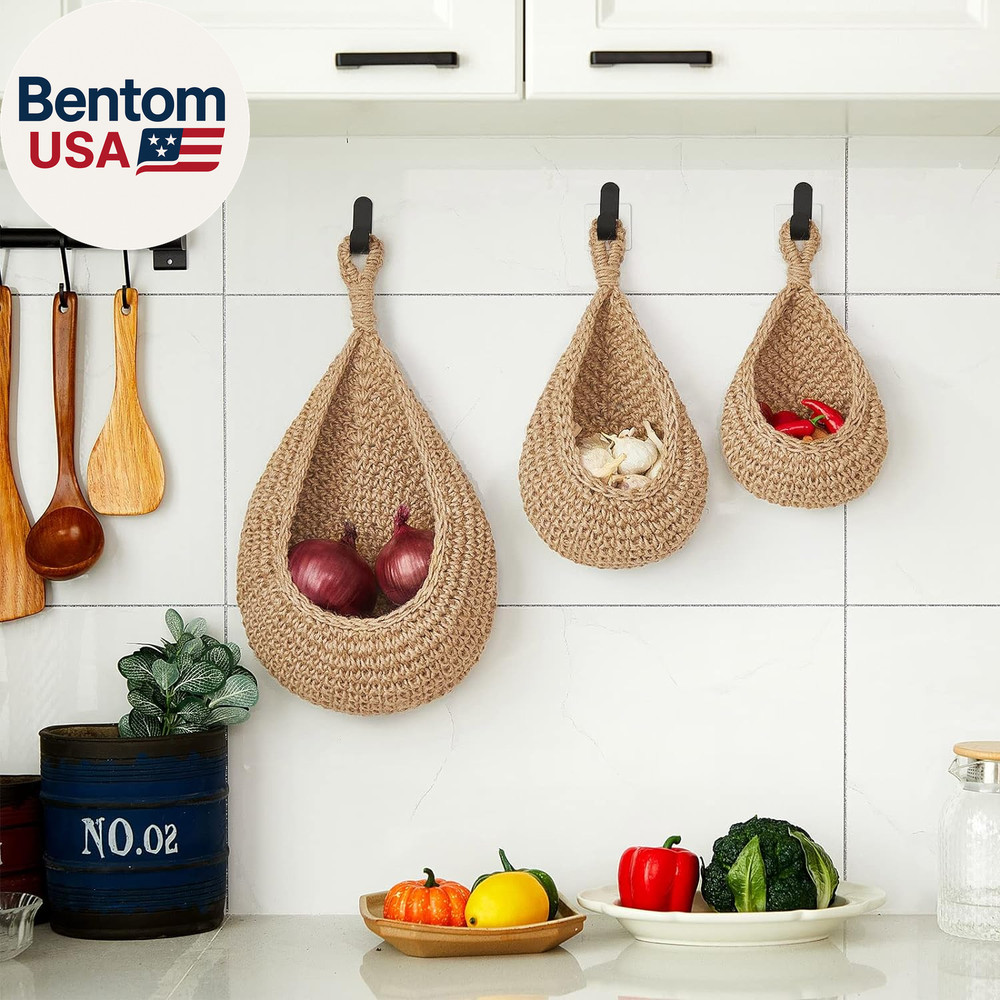 Boho Decor Hanging Wall Baskets for Kitchen 3 Pack Teardrop Baskets with Hooks S