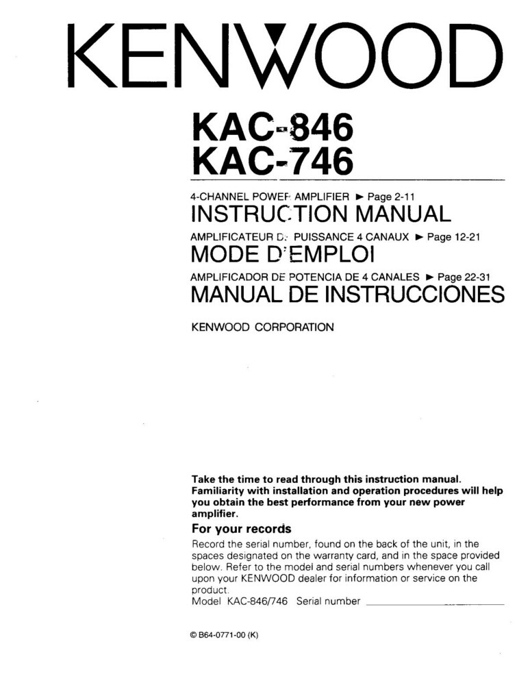 Kenwood KAC-746 Amplifier Owners Instruction Manual
