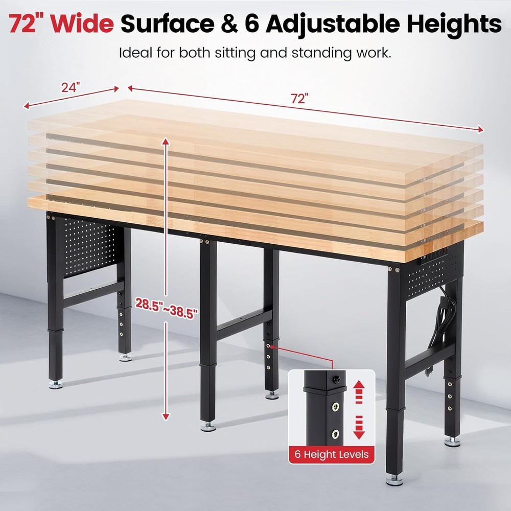 72 x 24 Inch Adjustable Height Work Table with Power Outlets & Extended Pegboard