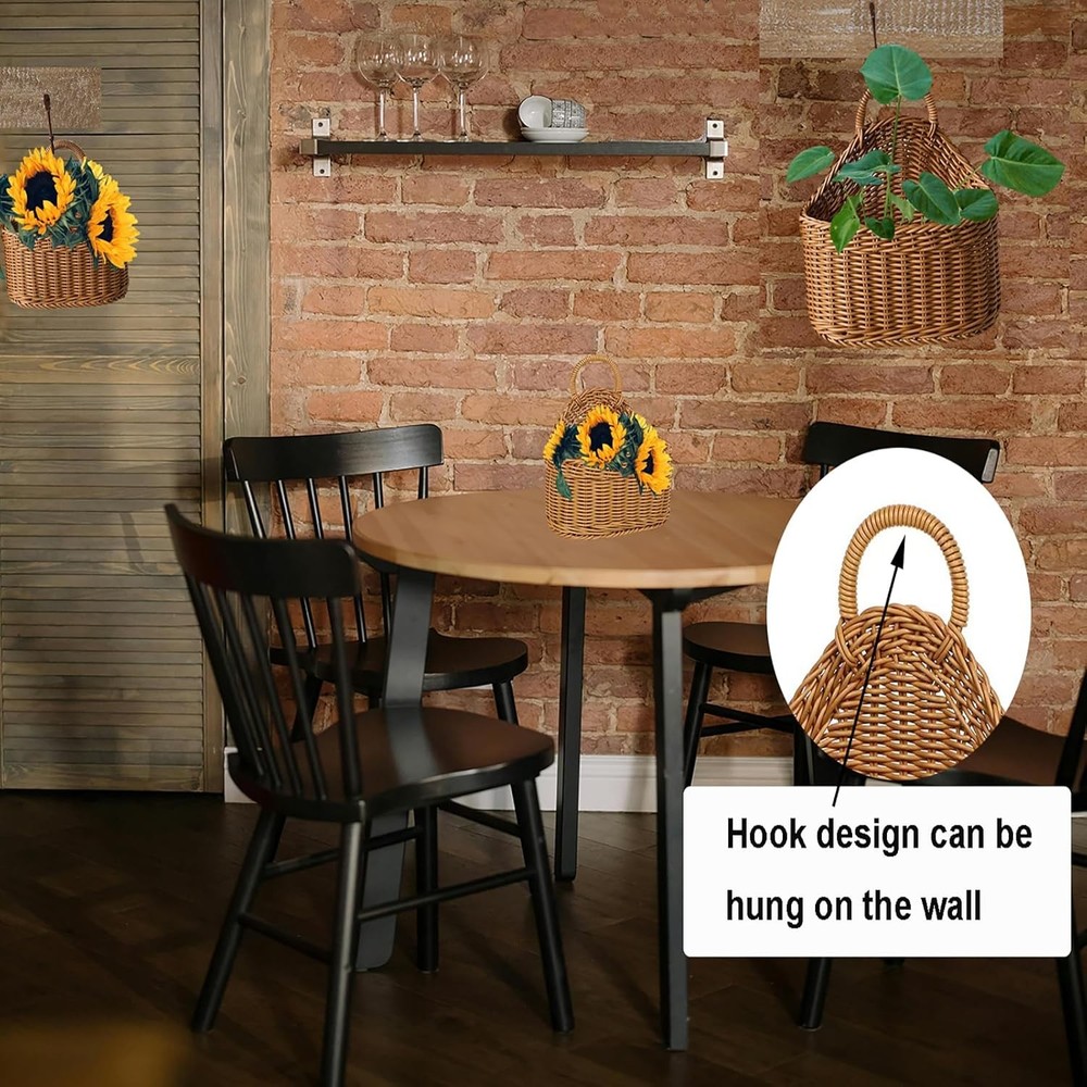 2Pcs Hanging Storage Baskets Plastic Woven Hanging Basket W/ Hook Flower Bin