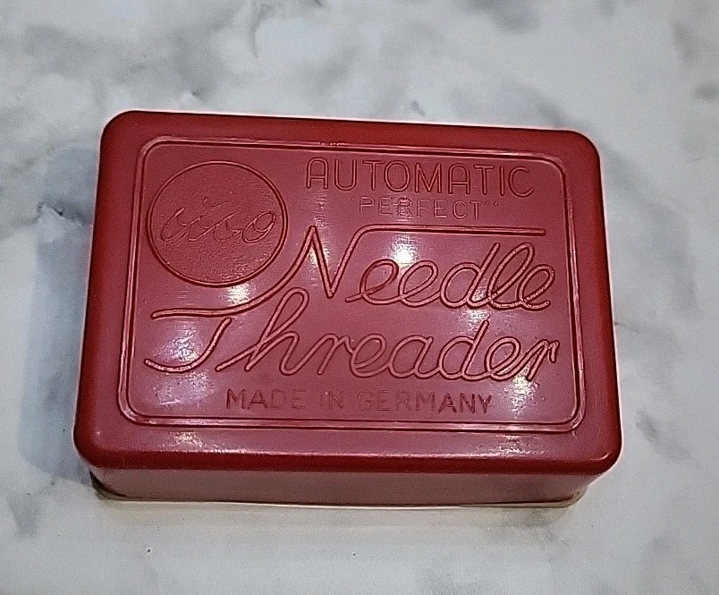 Vintage German Plastic Automatic Needle Threader Stand Case Miniature 2 Chimneys