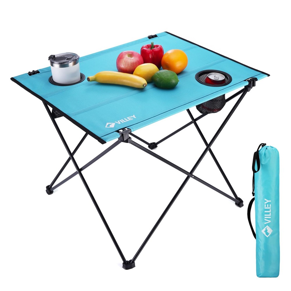 Folding Camping Table, Lightweight Portable Beach Table with 2 Cup Holders & ...