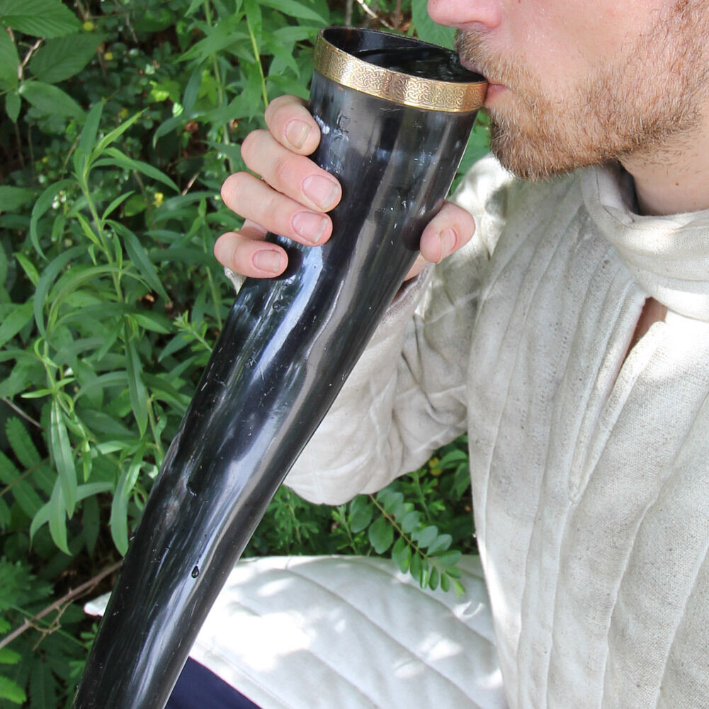 Brass-Adorned Medieval Renaissance Drinking Horn with Metal Stand 100% real Horn