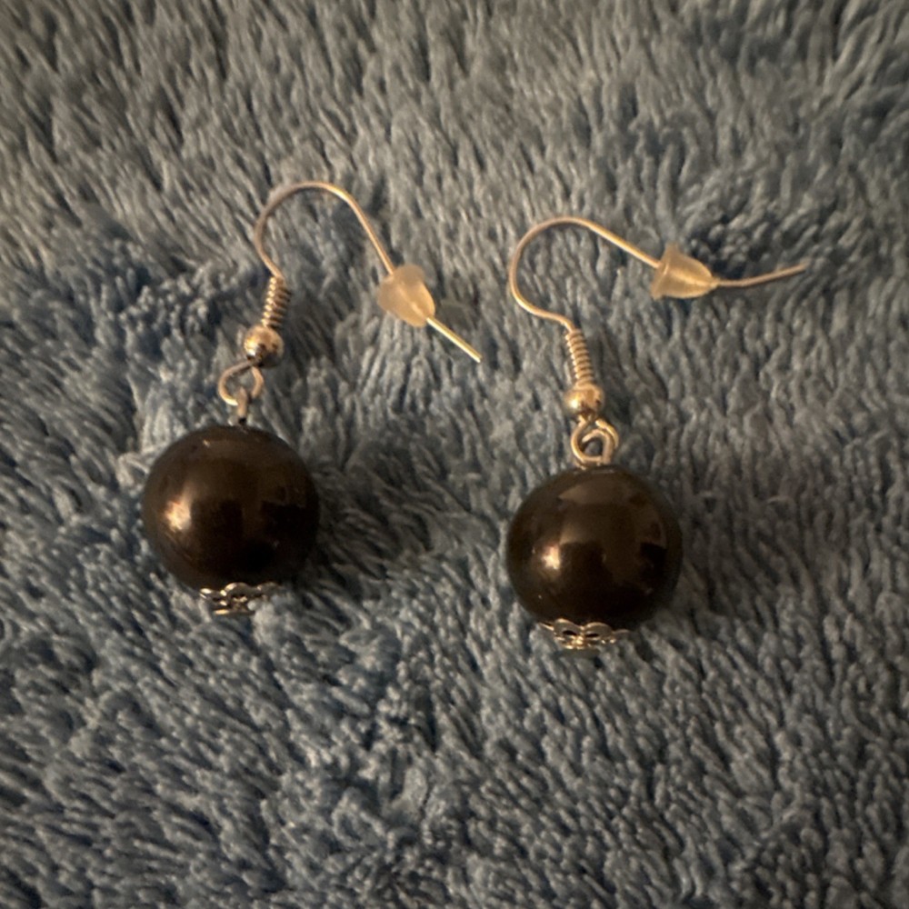 Handcrafted Black Beaded Dangle Drop Earrings Round Silver Hook