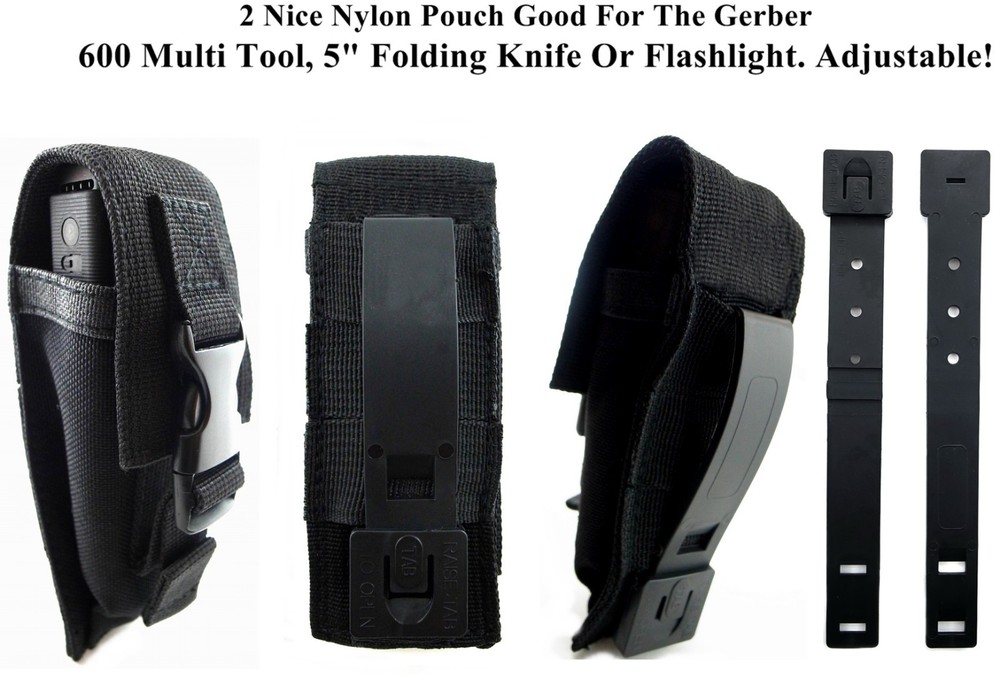 2 BLK Nylon Pouch/ Sheath For Gerber 600 Multi Tool, 5" Folding Knife Flashlight