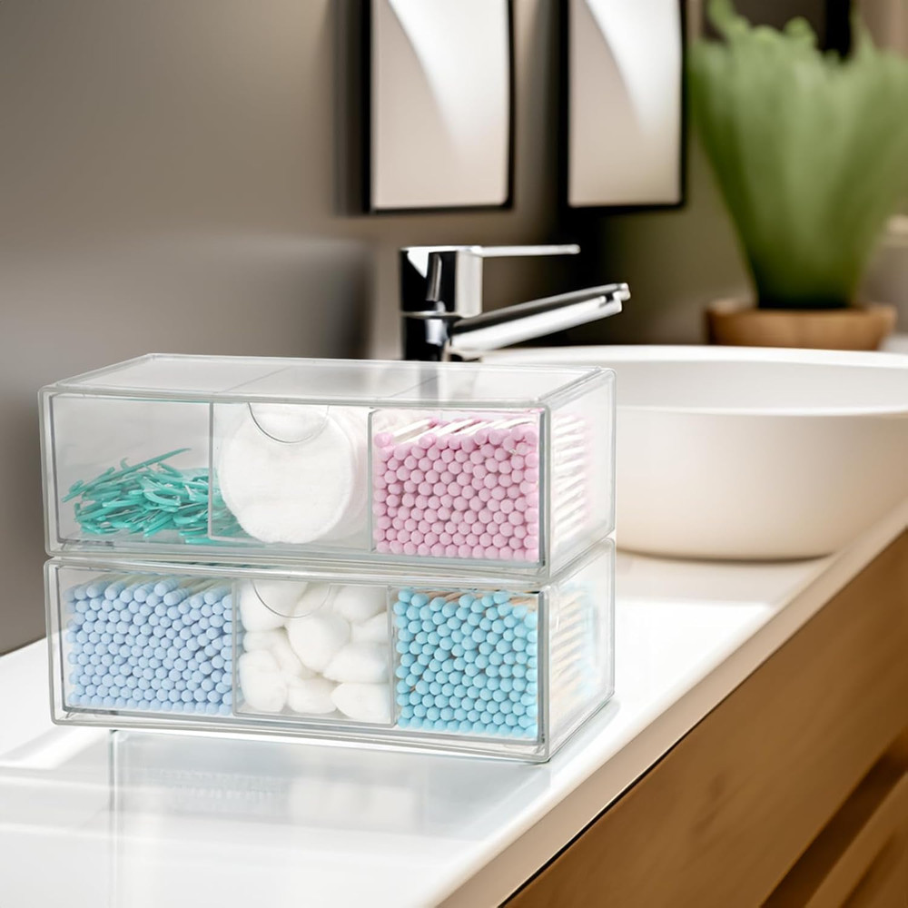 Set of 2 Stackable Storage Drawers - 7.8" Clear Plastic Drawer Storage, Acrylic