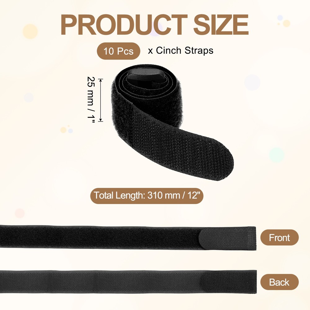 10pcs Reusable Cinch Straps 1"x12" Hook and Loop Cable Securing Straps, Black