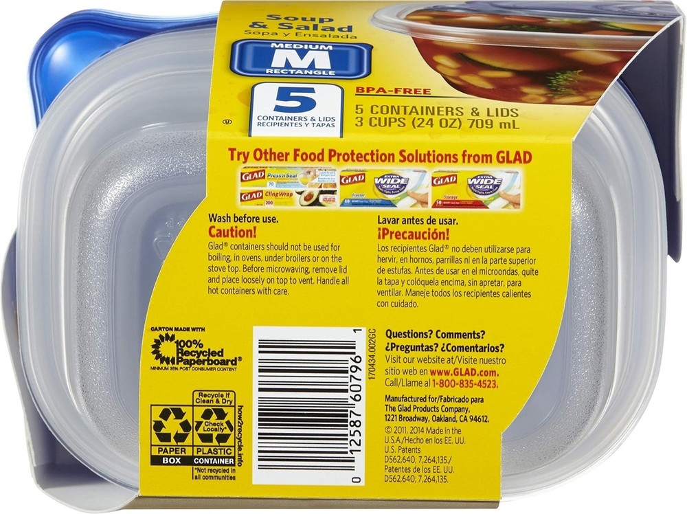 5 Pack 24 Oz Medium Rectangle Food Storage Containers - Freezer, Microwave Safe