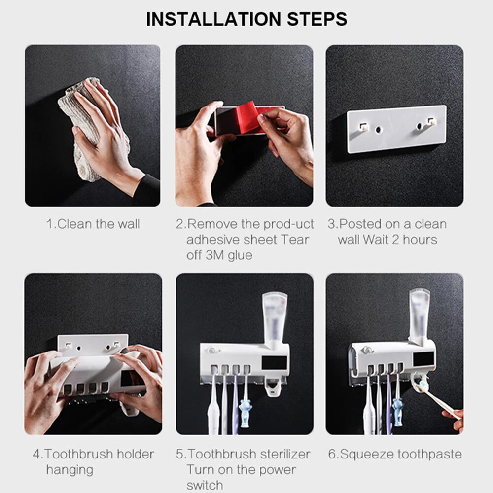 UV Light 4 Toothbrush Holder Electric Cleaner Automatic Toothpaste Dispenser