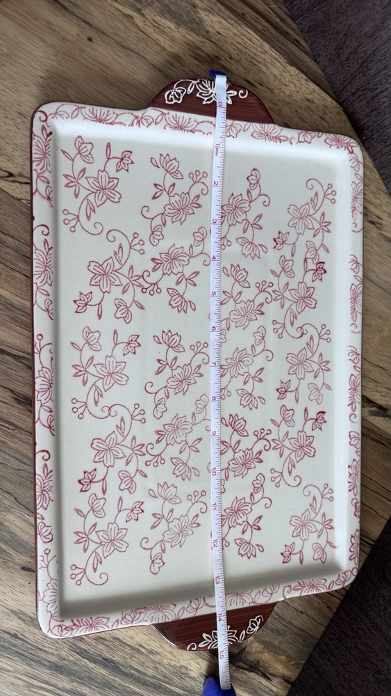 Temp-tations Floral Lace Ceramic Rectangular Platter White Red