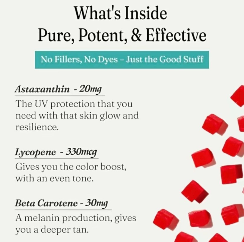 Daily Tanning Gummies, Natural Tanning Supplement with Astaxanthin & Lycopene