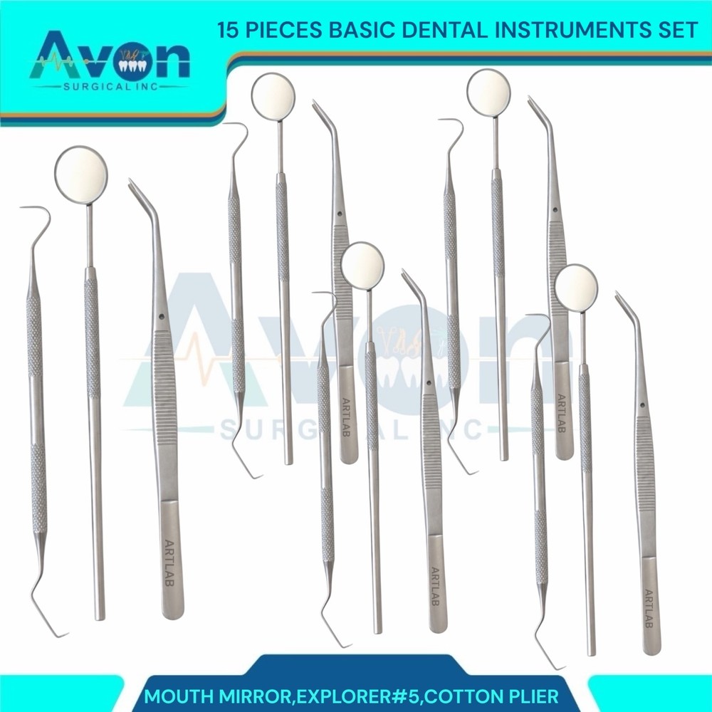 GERMAN 15 Instruments Basic Dental Set Mirror Explorer Probe Pliers (5 OF EACH)