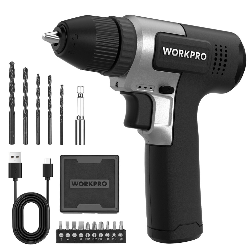 WORKPRO 8V Cordless Drill Set Electric Power Drill 3/8'' Keyless Chuck 15pc Bits